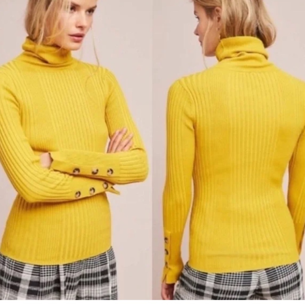 Moth Anthropologie Sweater  Yellow Turtleneck Ribbed Stretch Womens. Size XS .